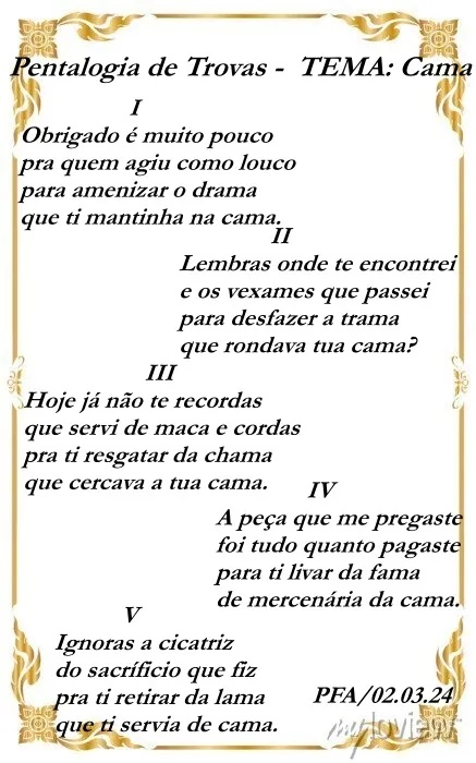 Pentalogia de trovas -  TEMA: Cama (Ver mais)